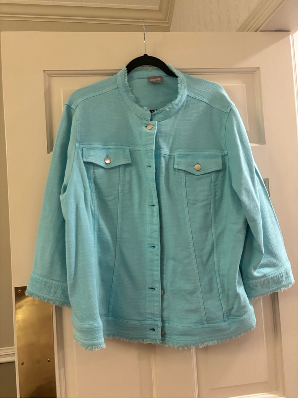 Chico's Light Aqua Fringe-Trim Jean Jacket